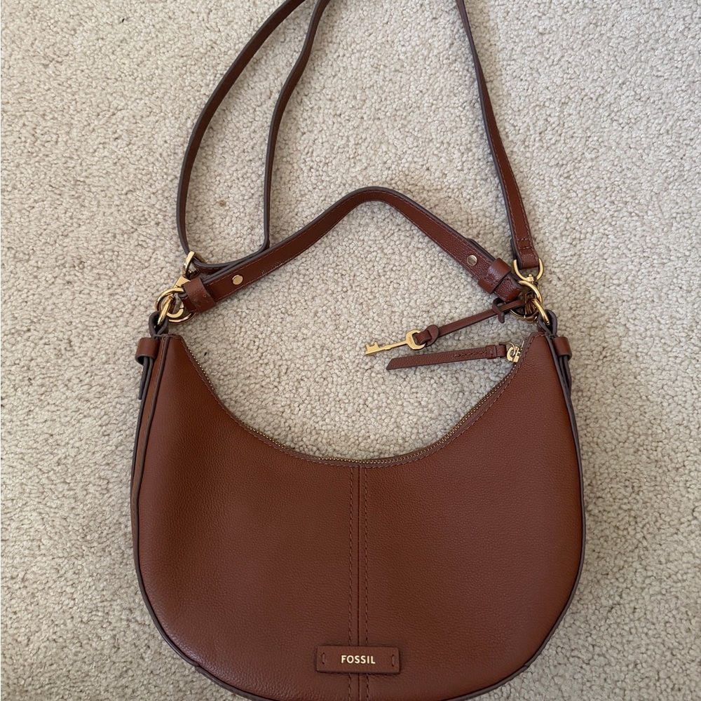 Fossil Tan Leather Shoulder Bag with Gold Accents